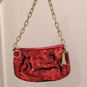 Vintage Coach Red Sequin Wristlet with Gold Chain